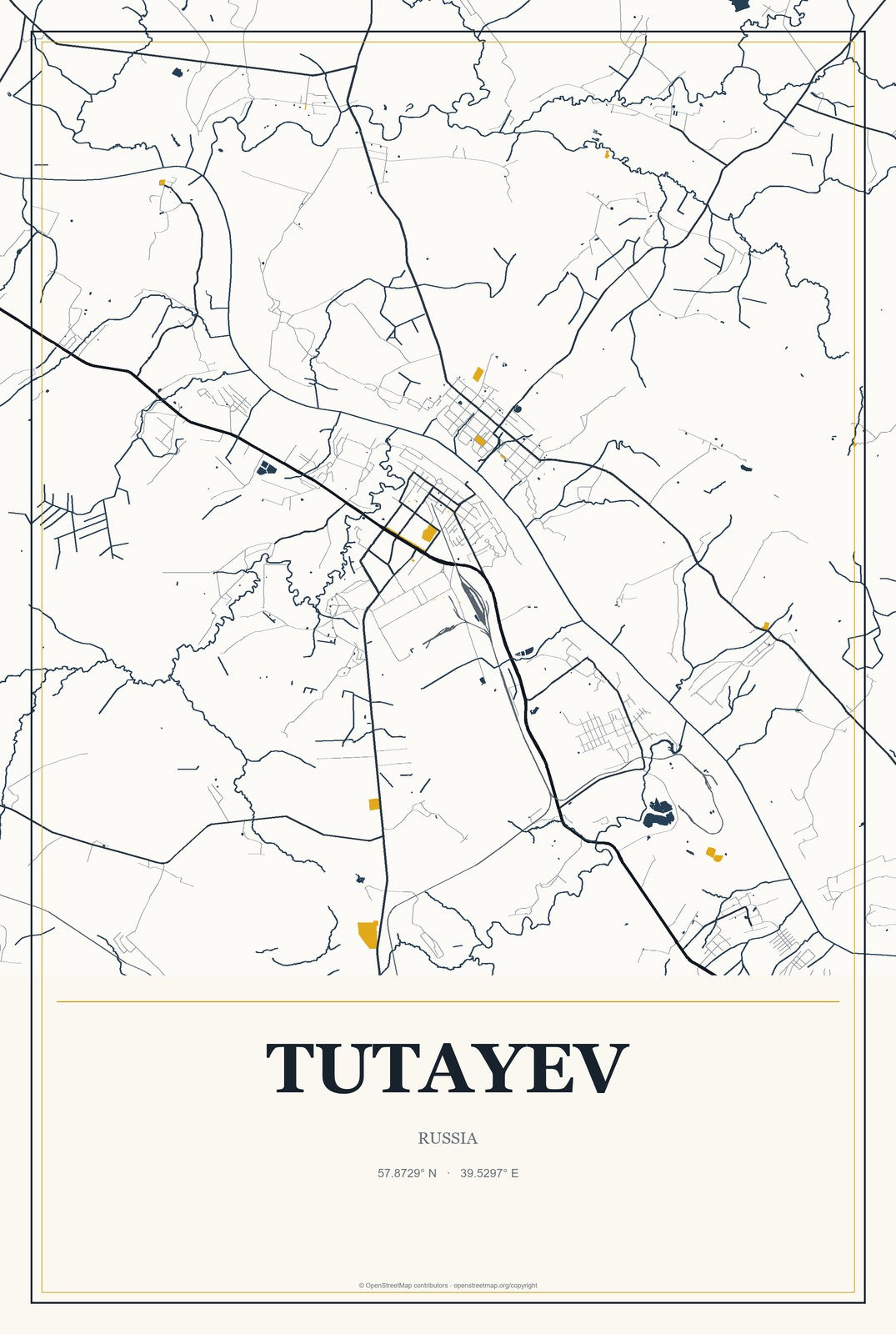 Tutayev, Russia City Map Aluminum Sign in Citrine Modern style