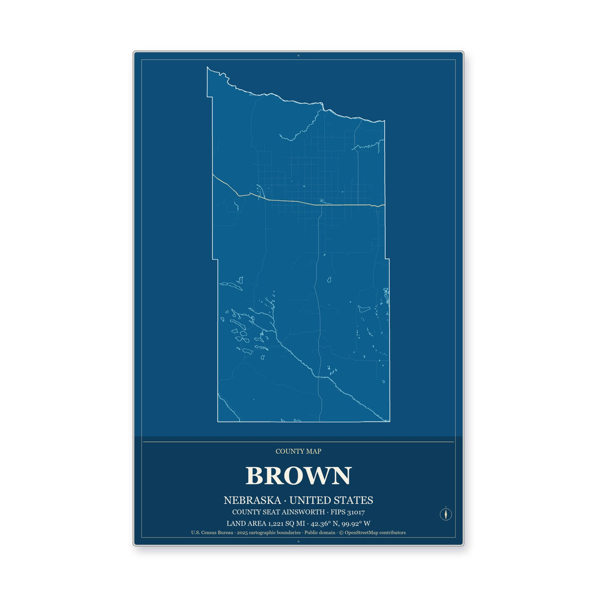 Brown County, Nebraska Map Aluminum Sign in Harbor Cobalt style