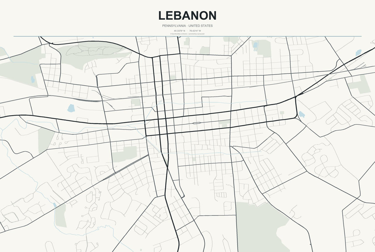 Lebanon, Pennsylvania City Map Aluminum Sign in Headline Atlas style