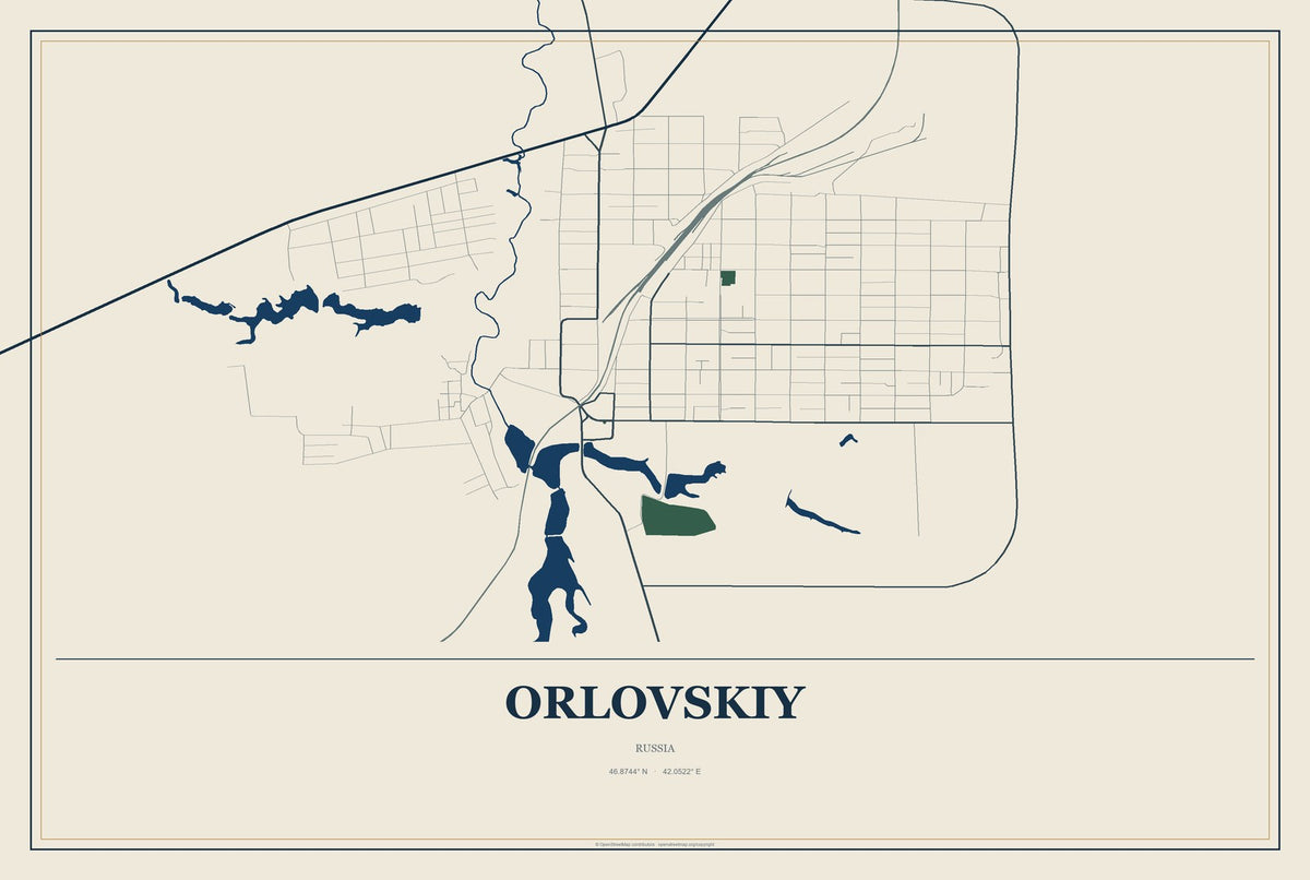 Orlovskiy, Russia City Map Aluminum Sign in Coastal Cutout style