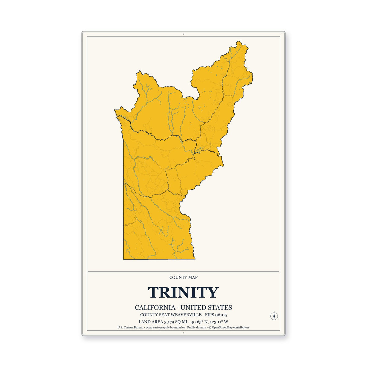 Trinity County, California Map Aluminum Sign in Citrine Modern style