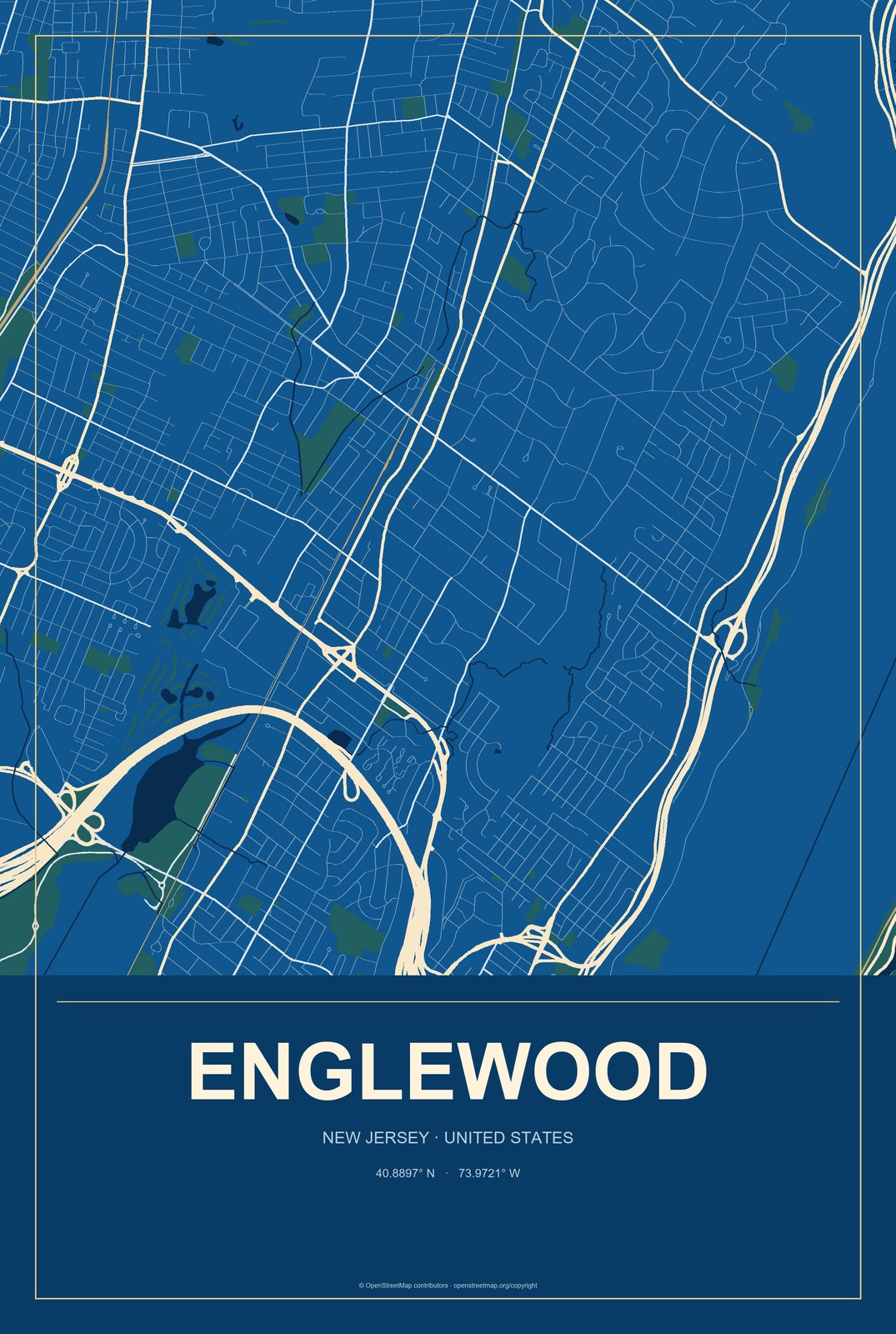 Englewood, New Jersey City Map Aluminum Sign in Harbor Cobalt style