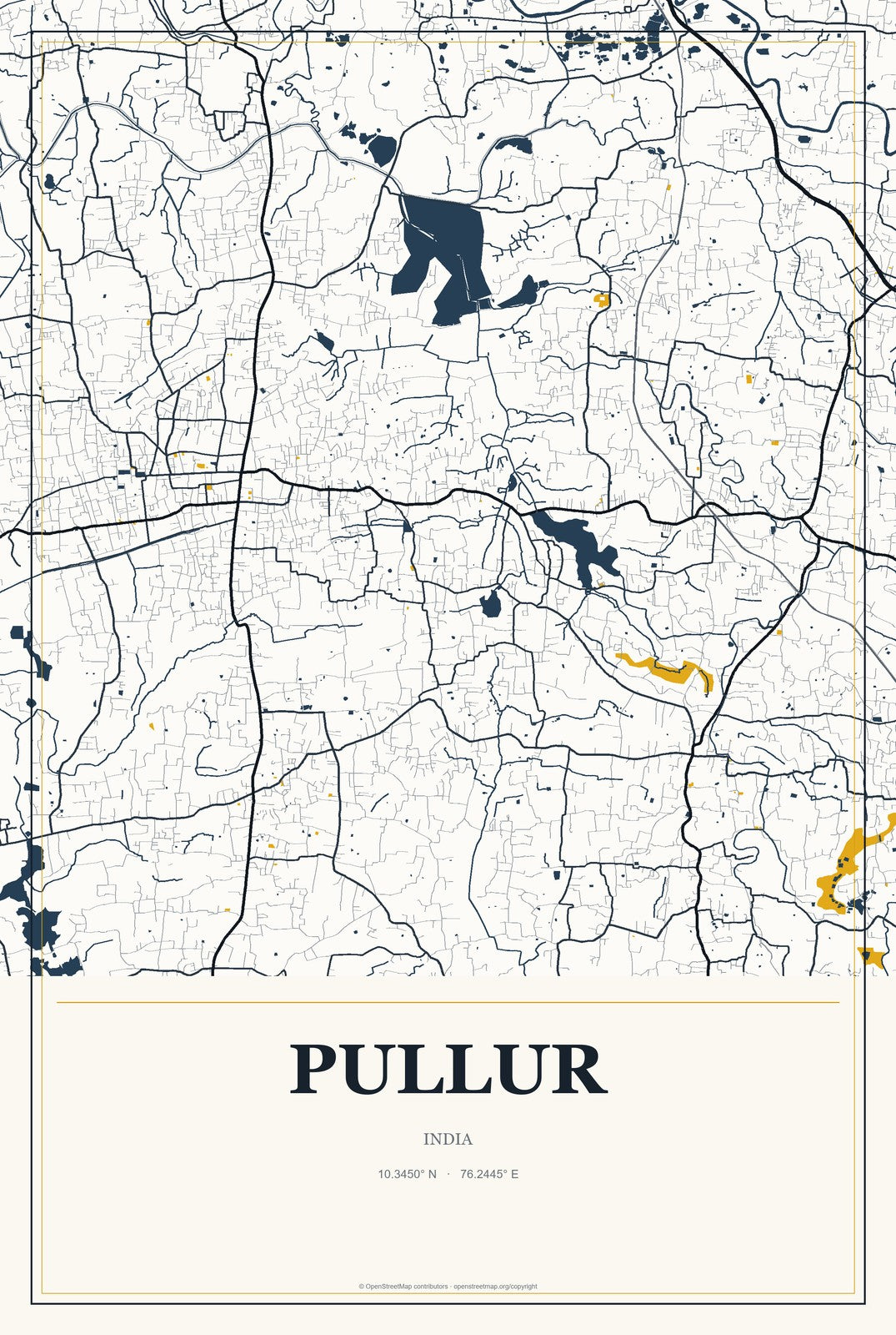 Pullur, India City Map Aluminum Sign in Citrine Modern style