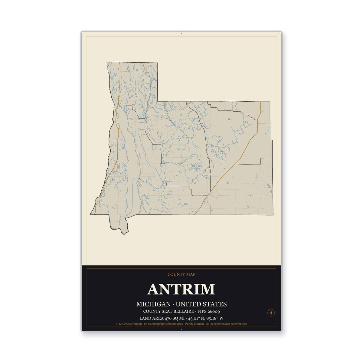 Antrim County, Michigan Map Aluminum Sign in Museum Plaque style