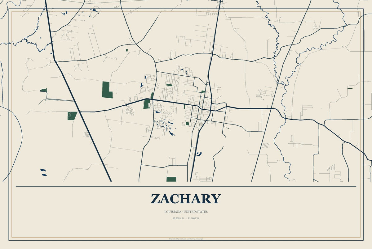 Zachary, Louisiana City Map Aluminum Sign in Coastal Cutout style