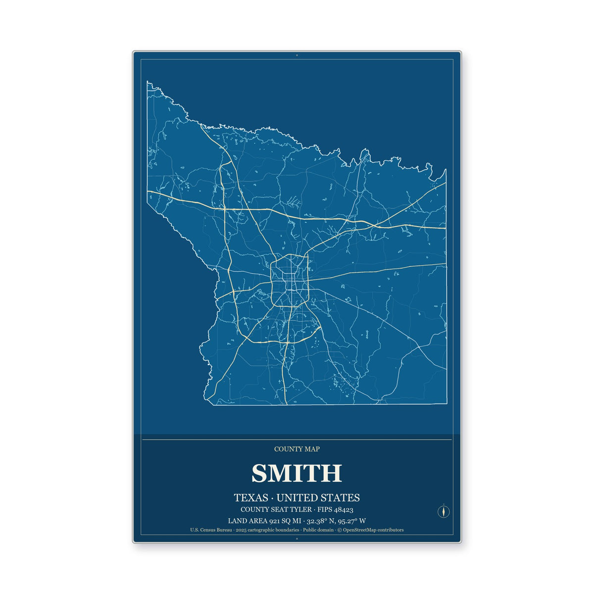 Smith County, Texas Map Aluminum Sign in Harbor Cobalt style