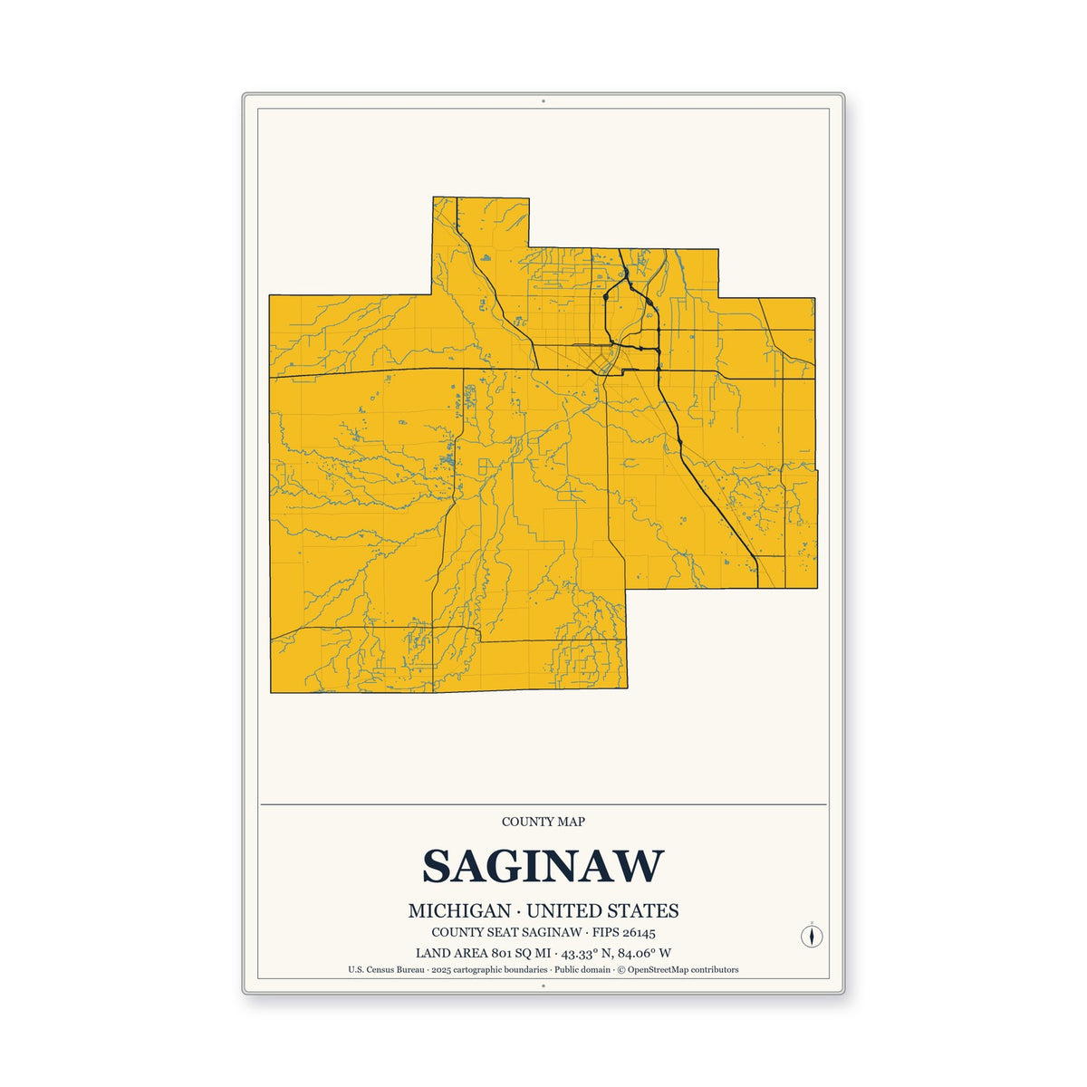 Saginaw County, Michigan Map Aluminum Sign in Citrine Modern style
