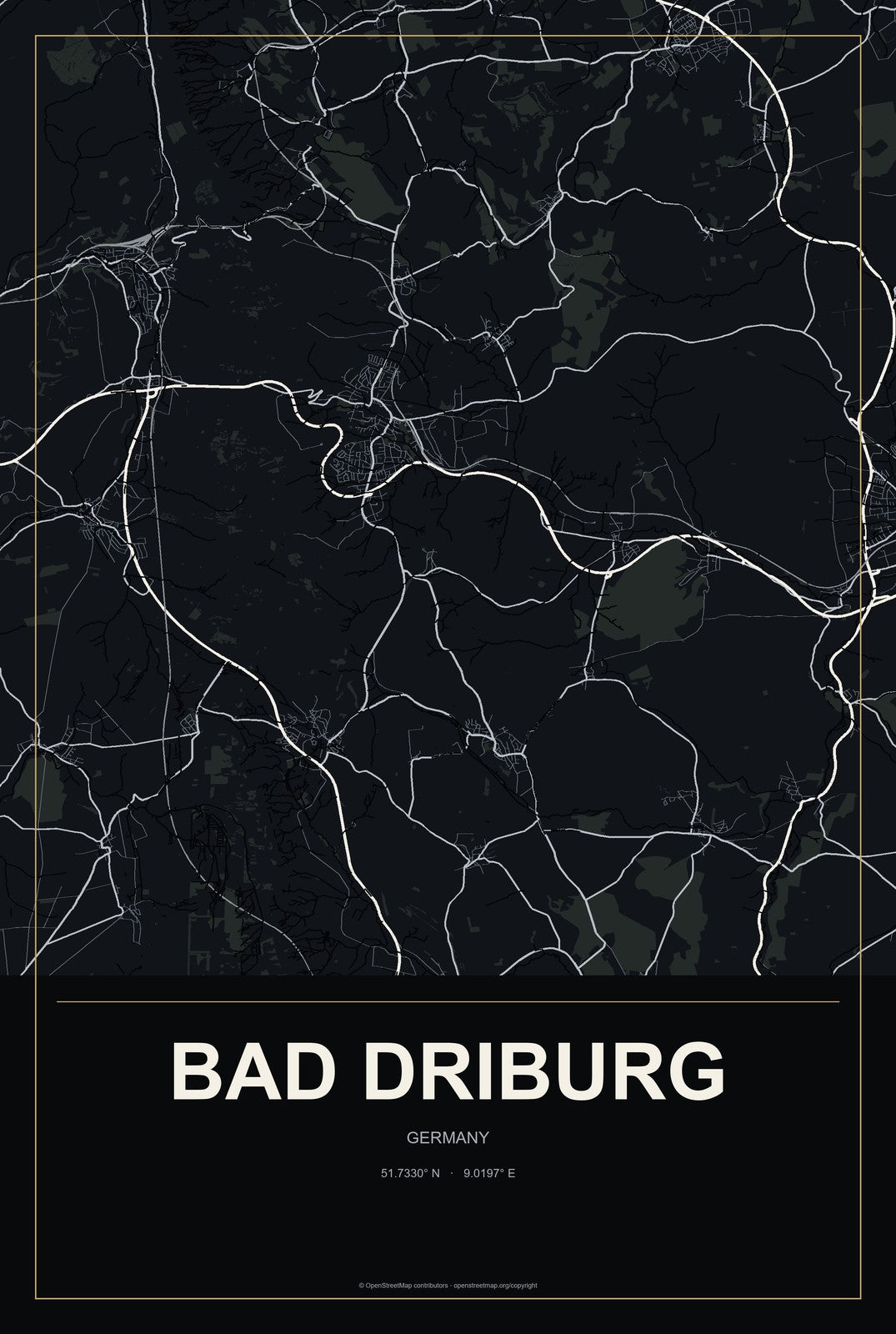 Bad Driburg, Germany City Map Aluminum Sign in Metropolitan Noir style