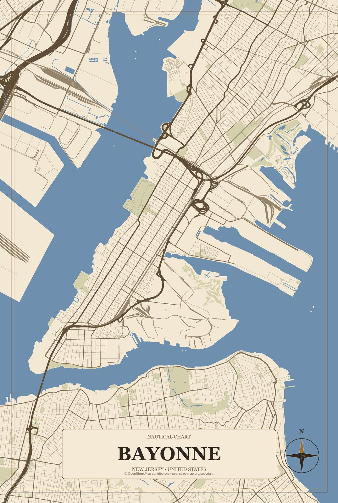 Bayonne, New Jersey City Map Aluminum Sign in Heritage Nautical style