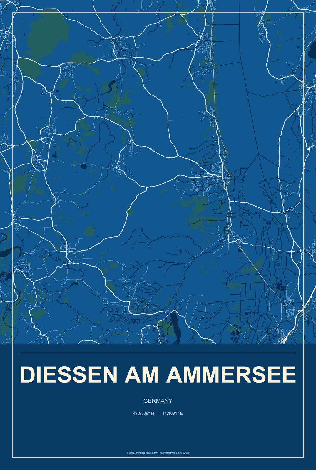 Dießen am Ammersee, Germany City Map Aluminum Sign in Harbor Cobalt style