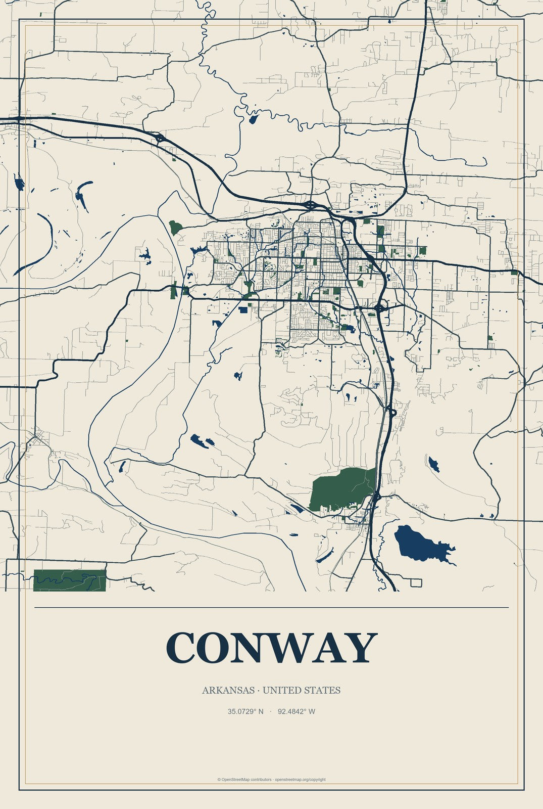 Conway, Arkansas City Map Aluminum Sign in Coastal Cutout style