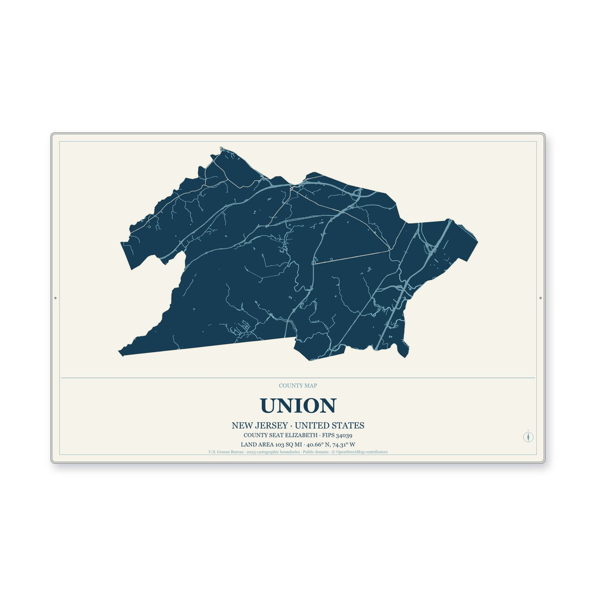 Union County, New Jersey Map Aluminum Sign in Coastal Cutout style