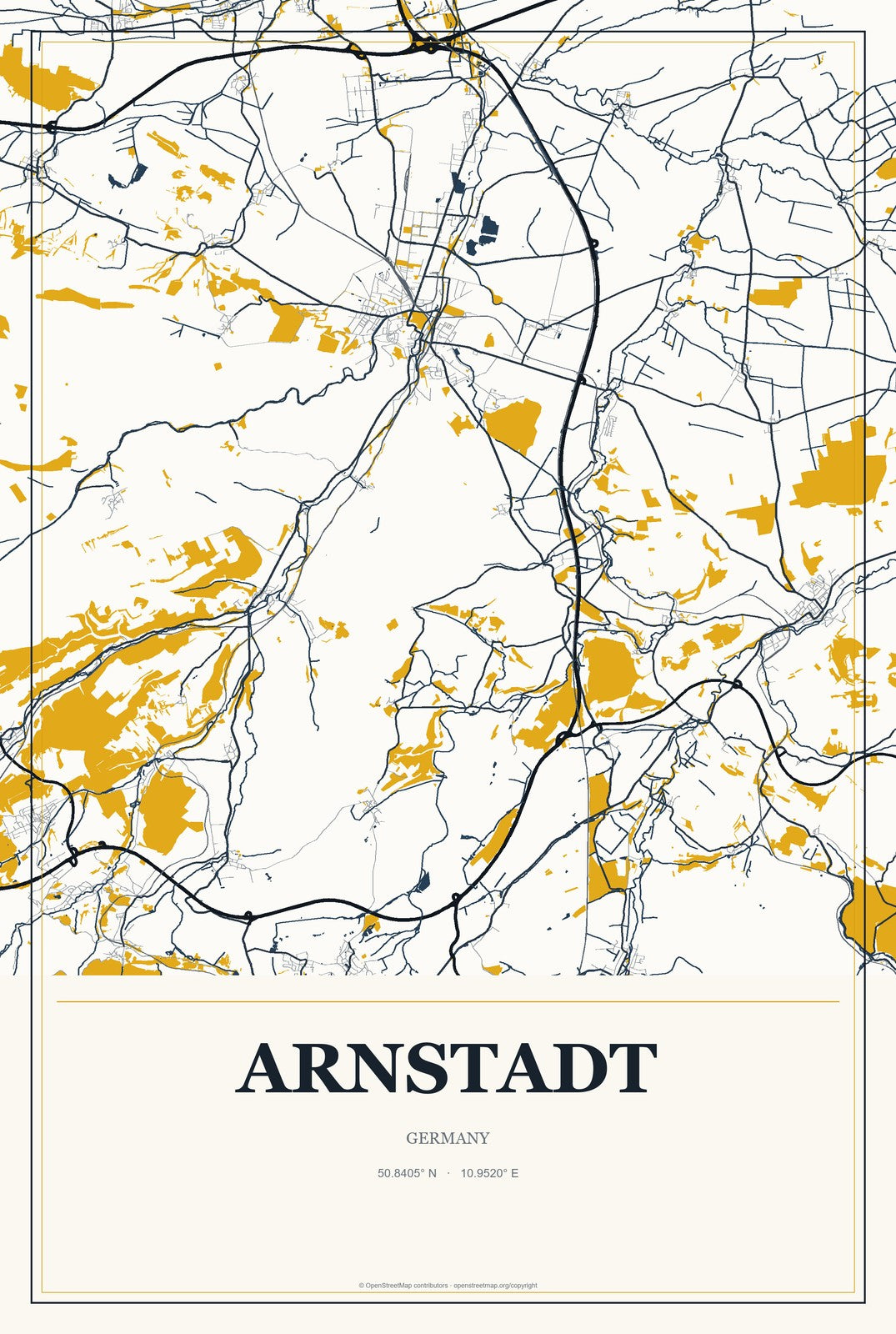 Arnstadt, Germany City Map Aluminum Sign in Citrine Modern style