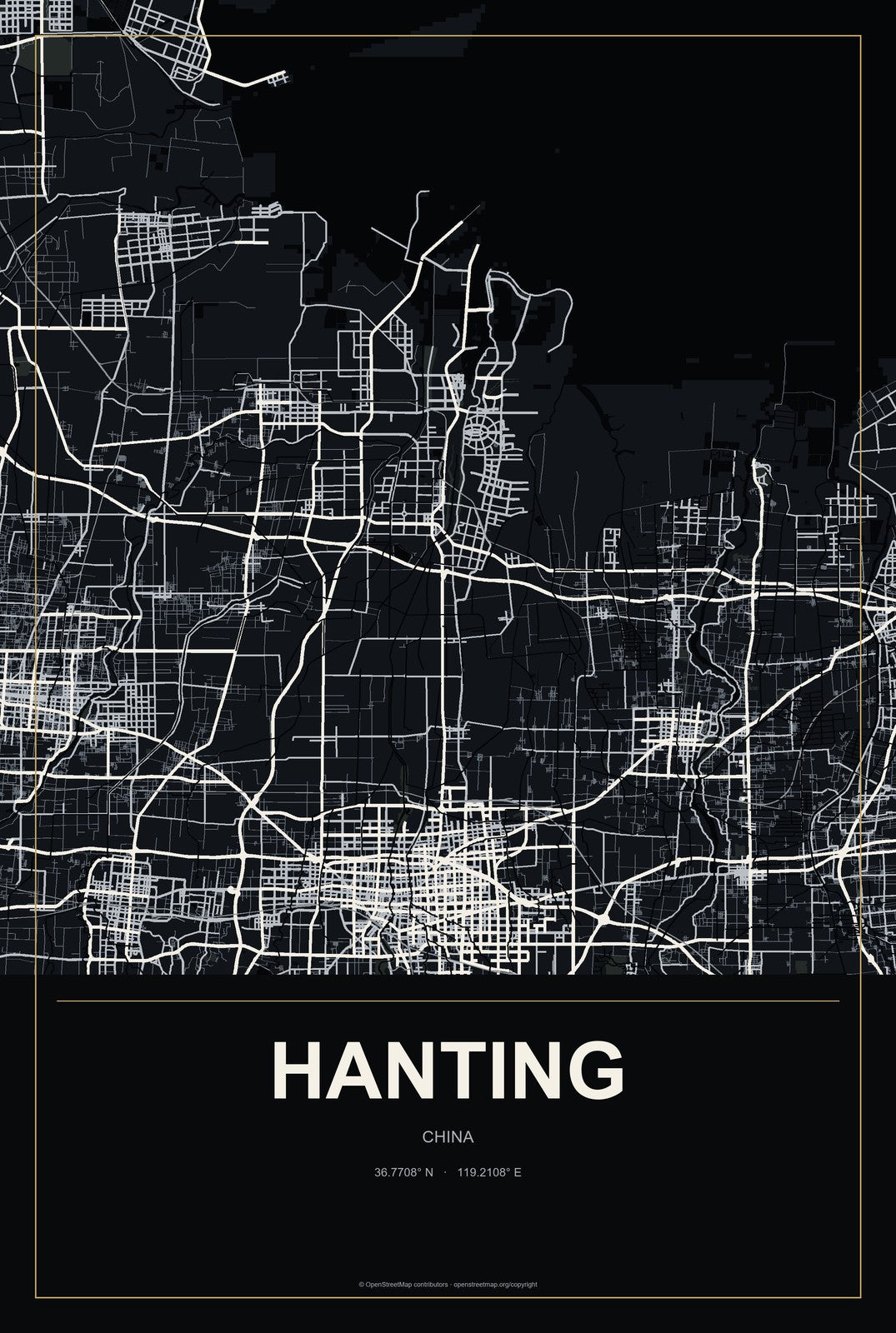 Hanting, China City Map Aluminum Sign in Metropolitan Noir style
