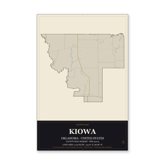 Kiowa County, Oklahoma Map Aluminum Sign in Museum Plaque style