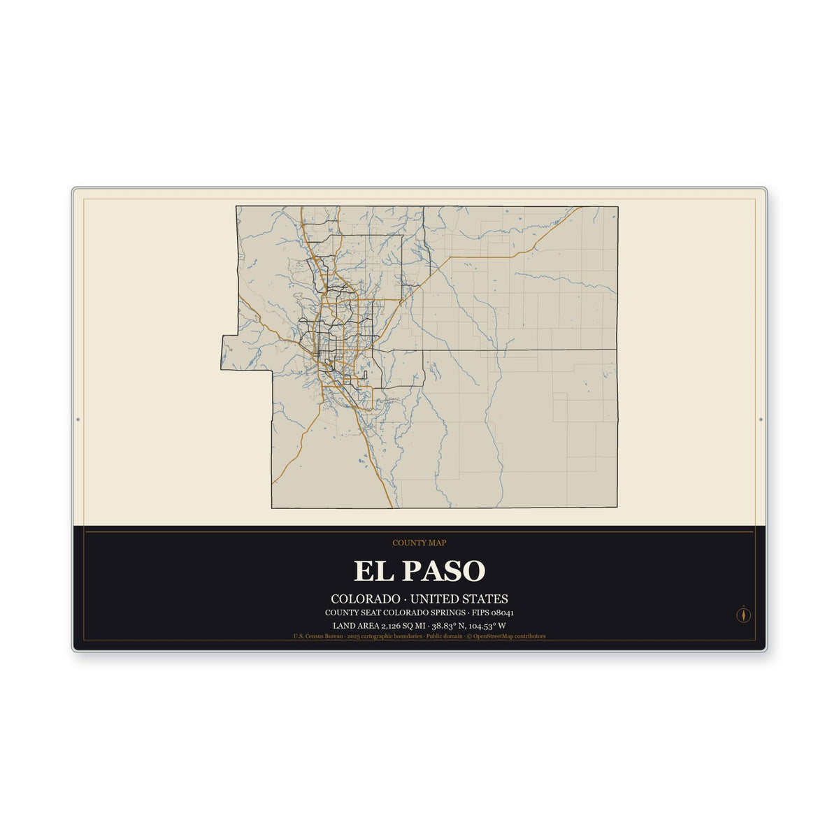 El Paso County, Colorado Map Aluminum Sign in Museum Plaque style