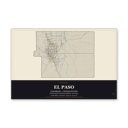 El Paso County, Colorado Map Aluminum Sign in Museum Plaque style