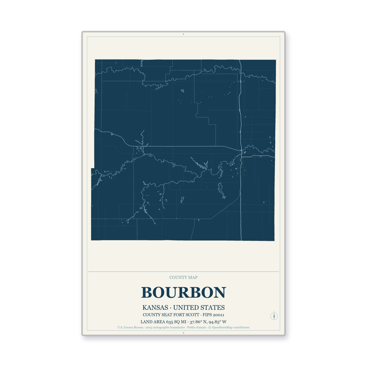 Bourbon County, Kansas Map Aluminum Sign in Coastal Cutout style