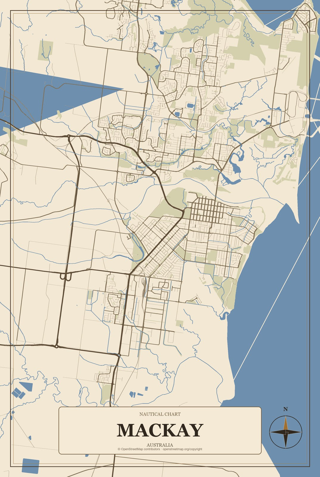 Mackay, Australia City Map Aluminum Sign in Heritage Nautical style