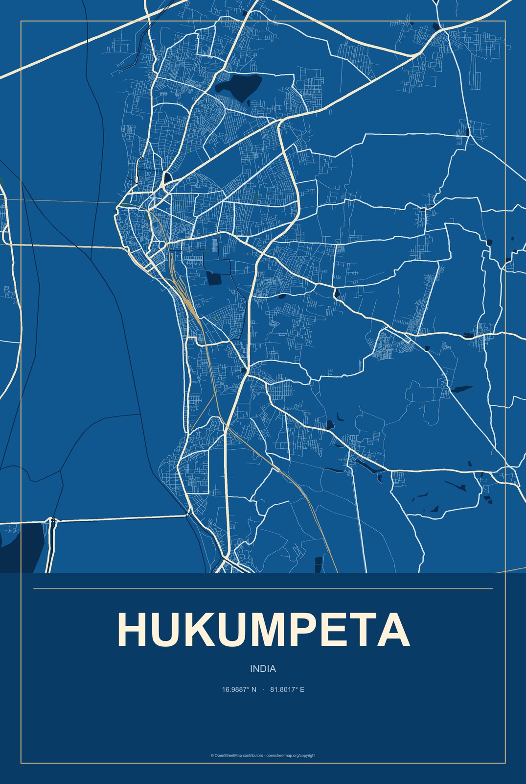 Hukumpeta, India City Map Aluminum Sign in Harbor Cobalt style