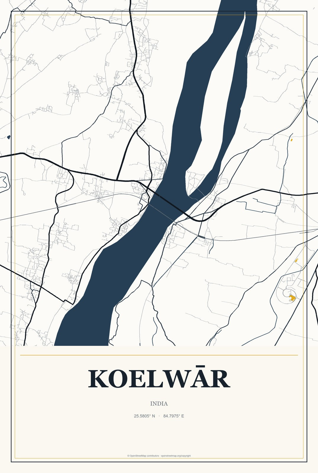Koelwār, India City Map Aluminum Sign in Citrine Modern style