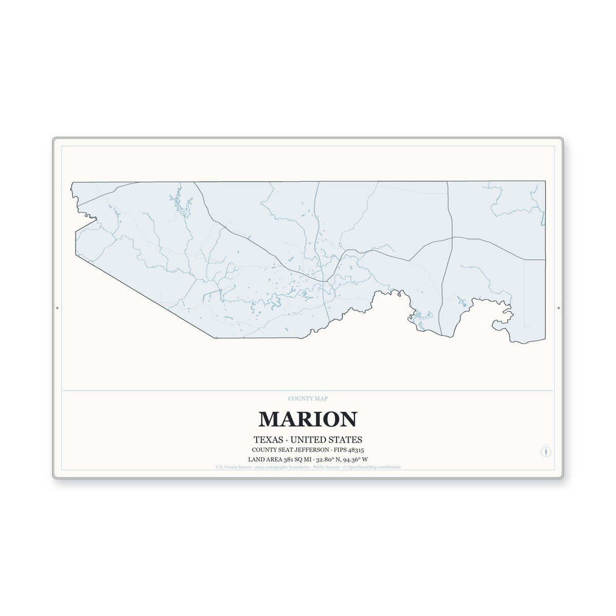 Marion County, Texas Map Aluminum Sign in Gallery Air style