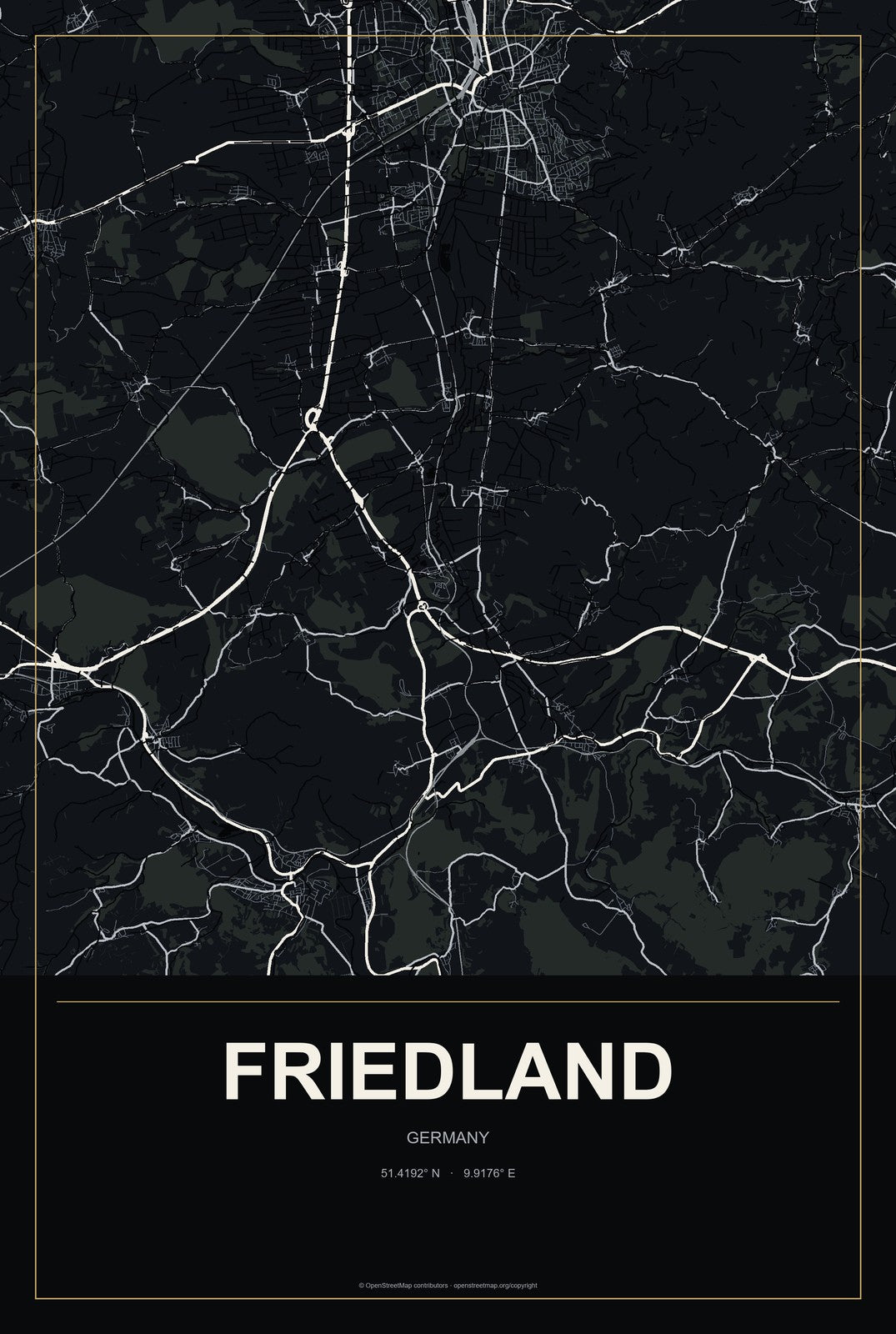 Friedland, Germany City Map Aluminum Sign in Metropolitan Noir style