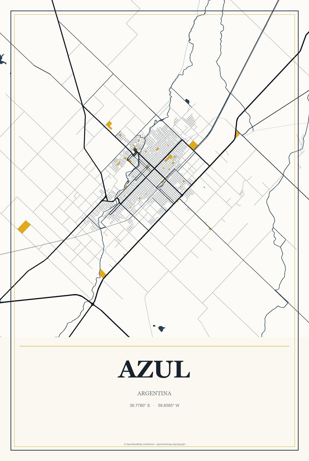Azul, Argentina City Map Aluminum Sign in Citrine Modern style