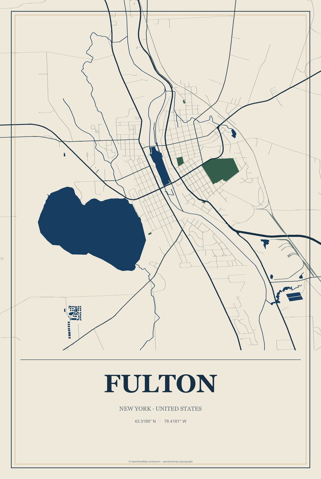 Fulton, New York City Map Aluminum Sign in Coastal Cutout style