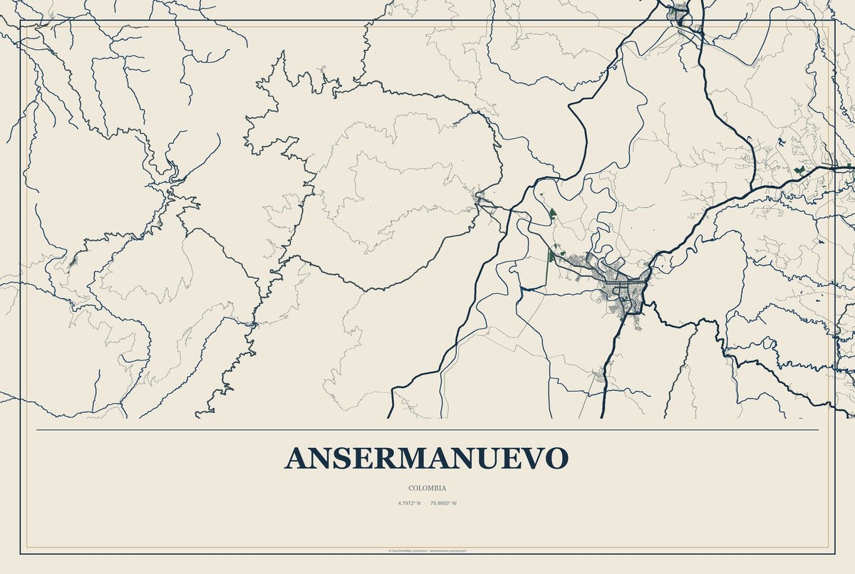 Ansermanuevo, Colombia City Map Aluminum Sign in Coastal Cutout style