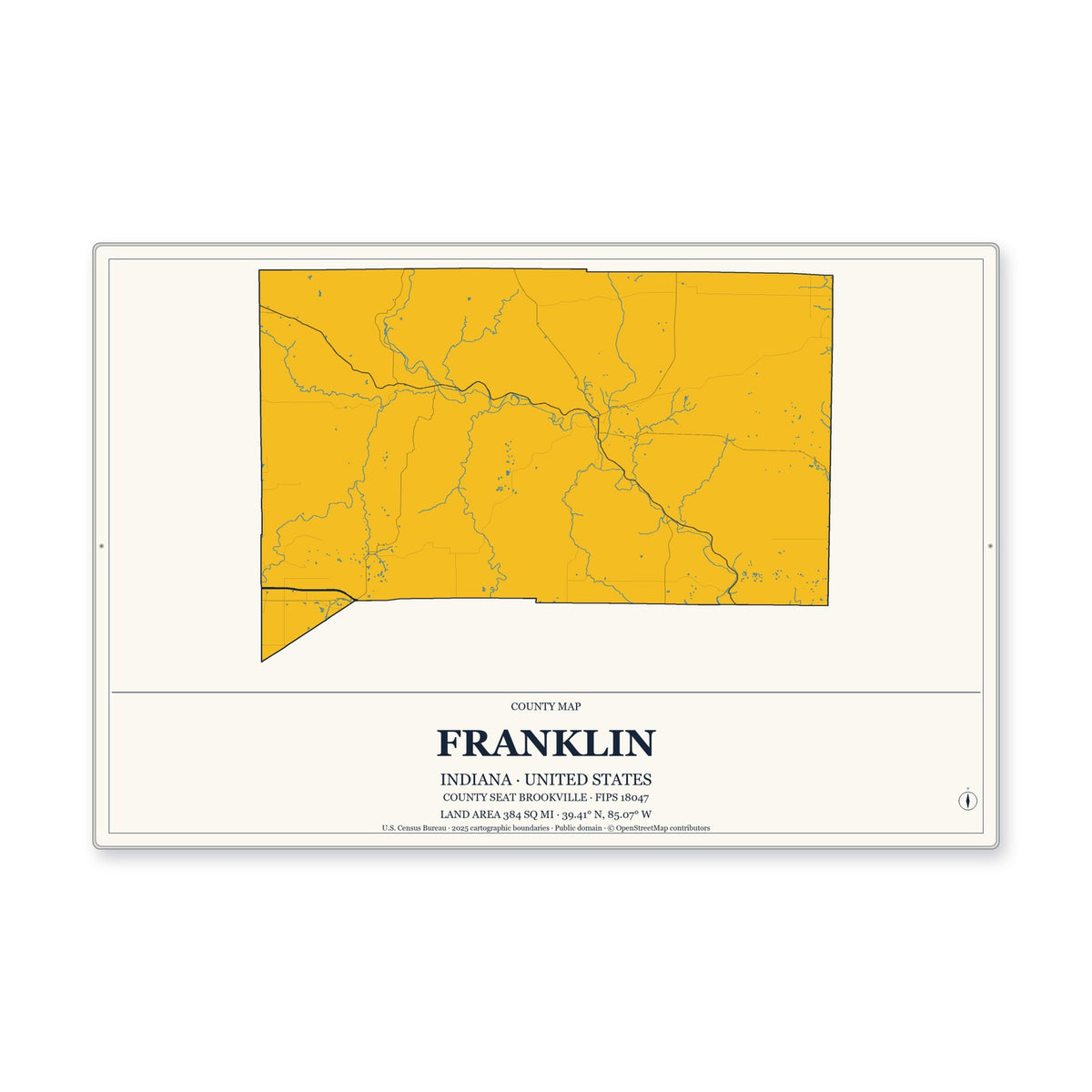 Franklin County, Indiana Map Aluminum Sign in Citrine Modern style