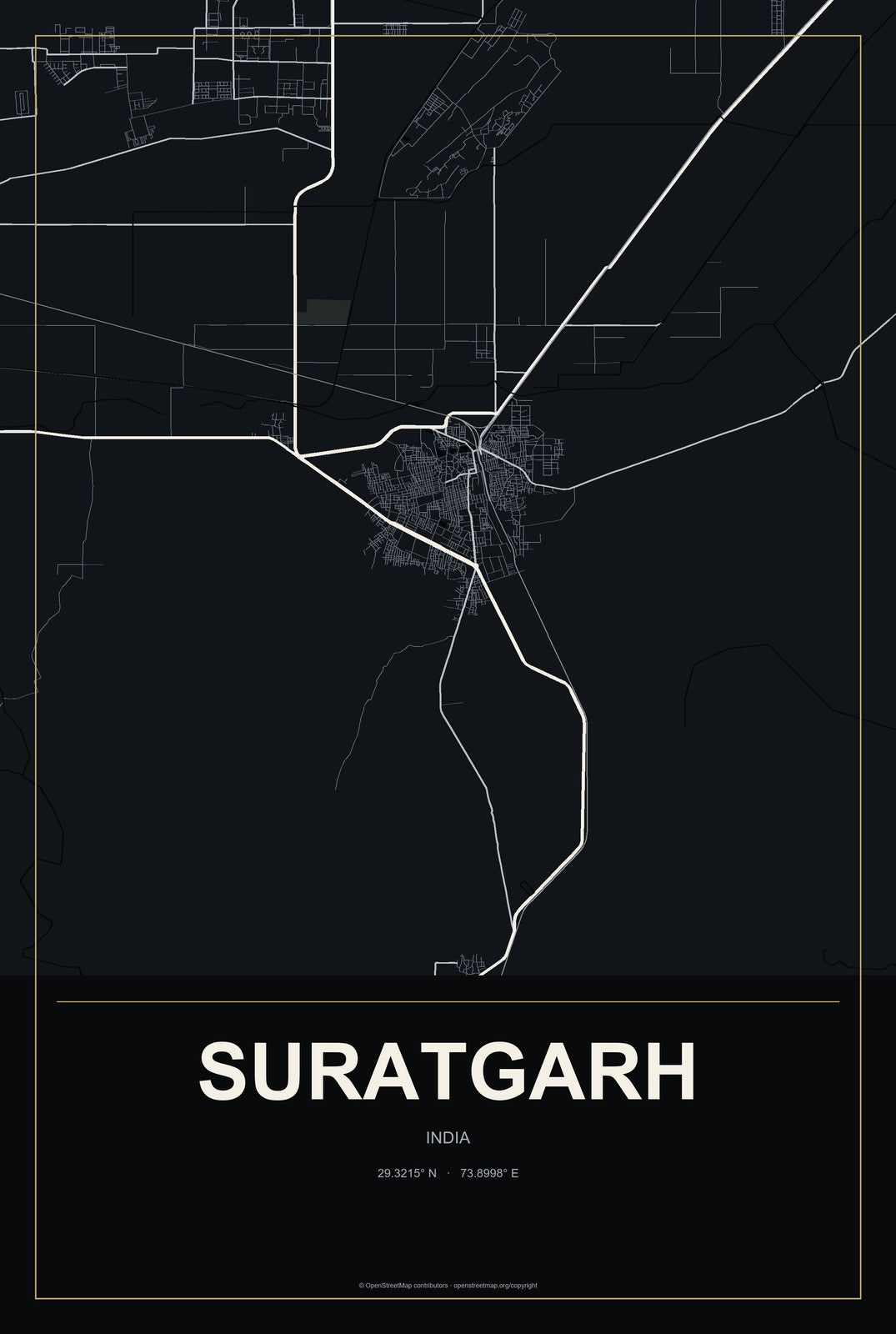 Suratgarh, India City Map Aluminum Sign in Metropolitan Noir style