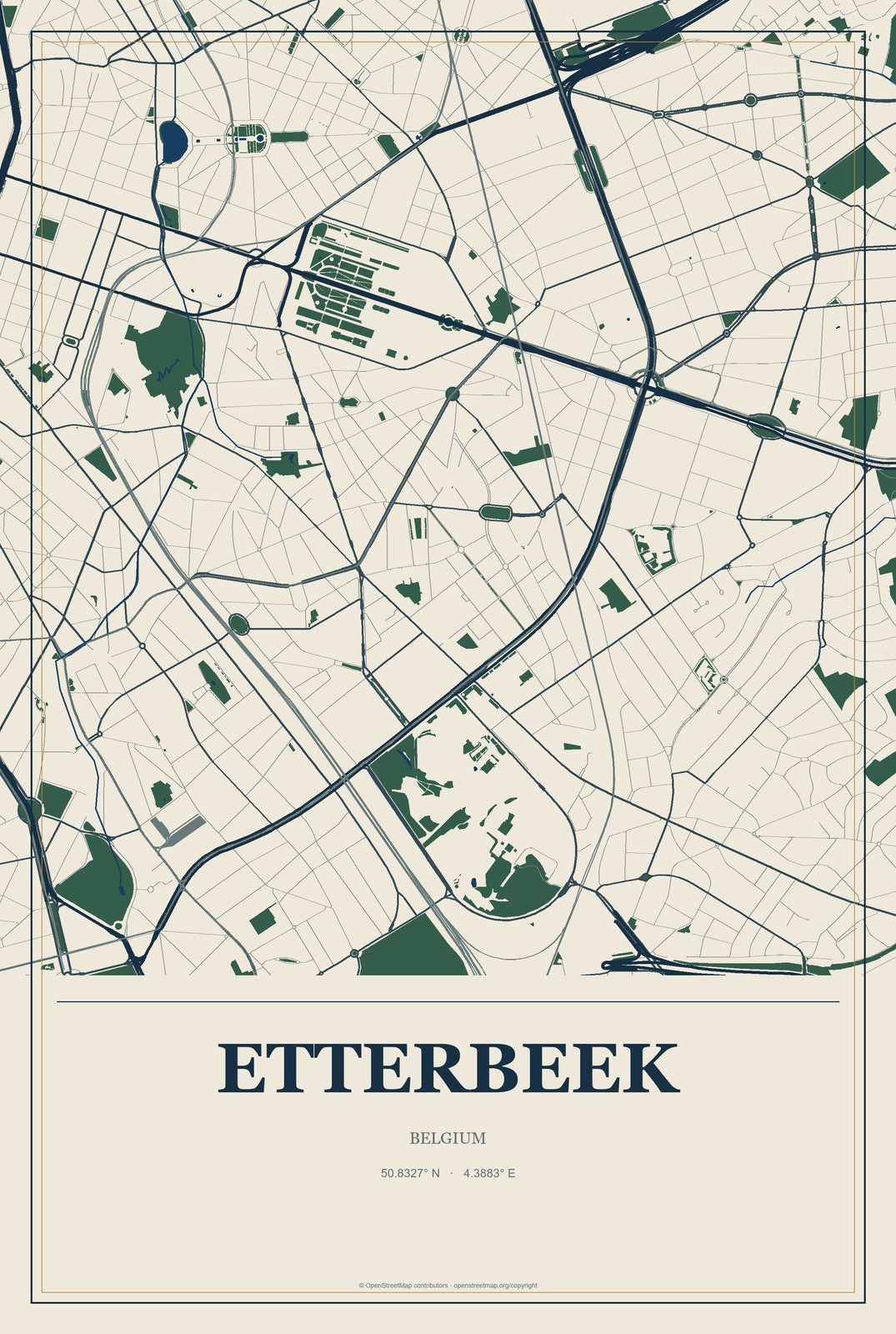 Etterbeek, Belgium City Map Aluminum Sign in Coastal Cutout style