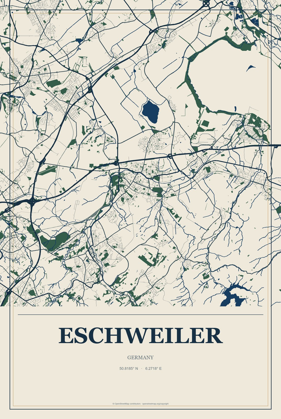 Eschweiler, Germany City Map Aluminum Sign in Coastal Cutout style