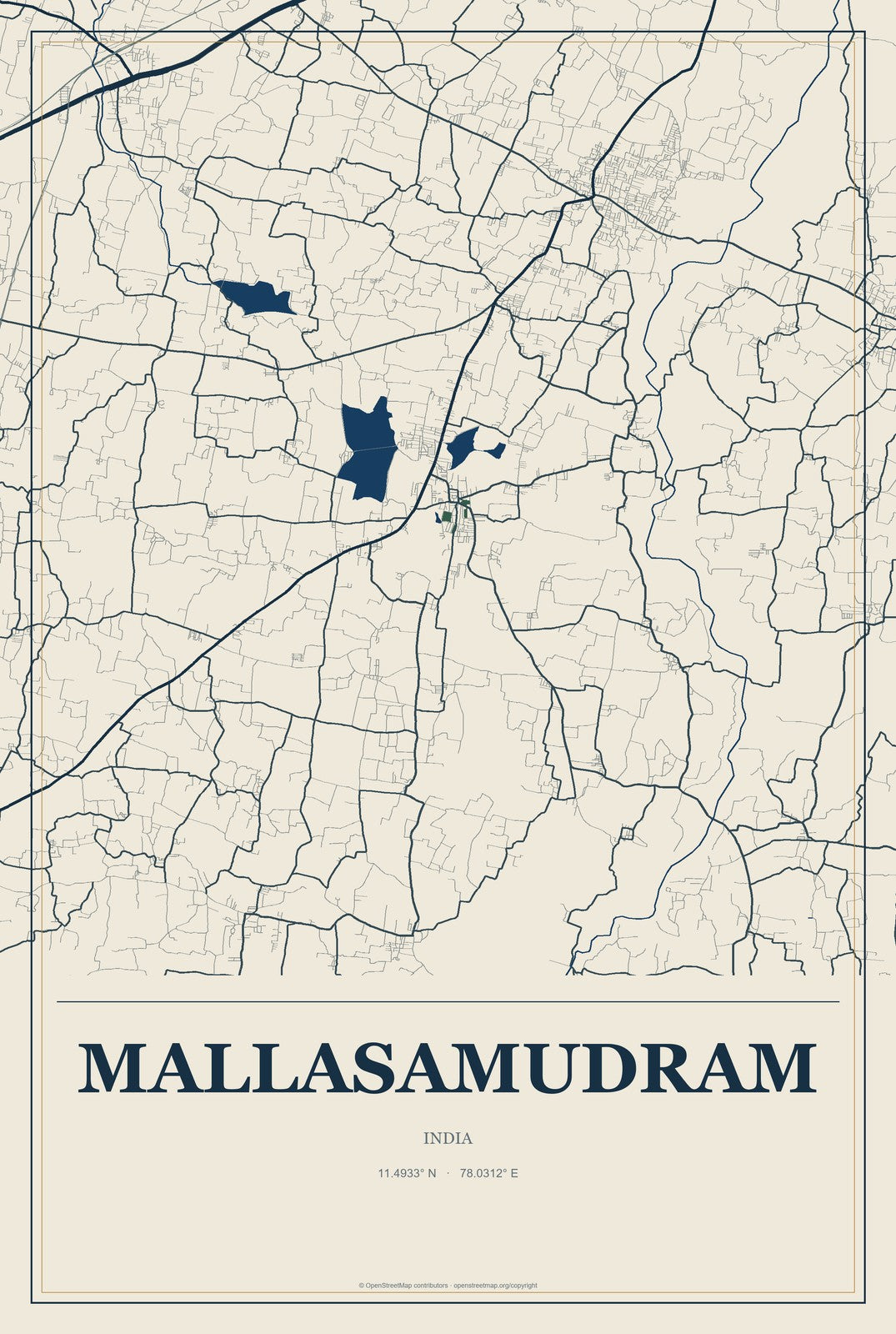 Mallasamudram, India City Map Aluminum Sign in Coastal Cutout style