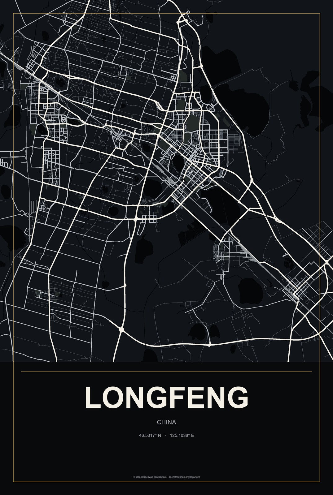 Longfeng, Hubei, China City Map Aluminum Sign in Metropolitan Noir style