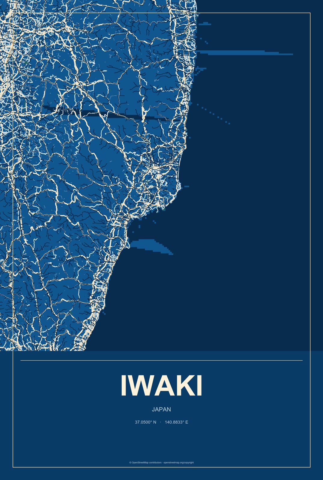 Iwaki, Japan City Map Aluminum Sign in Harbor Cobalt style
