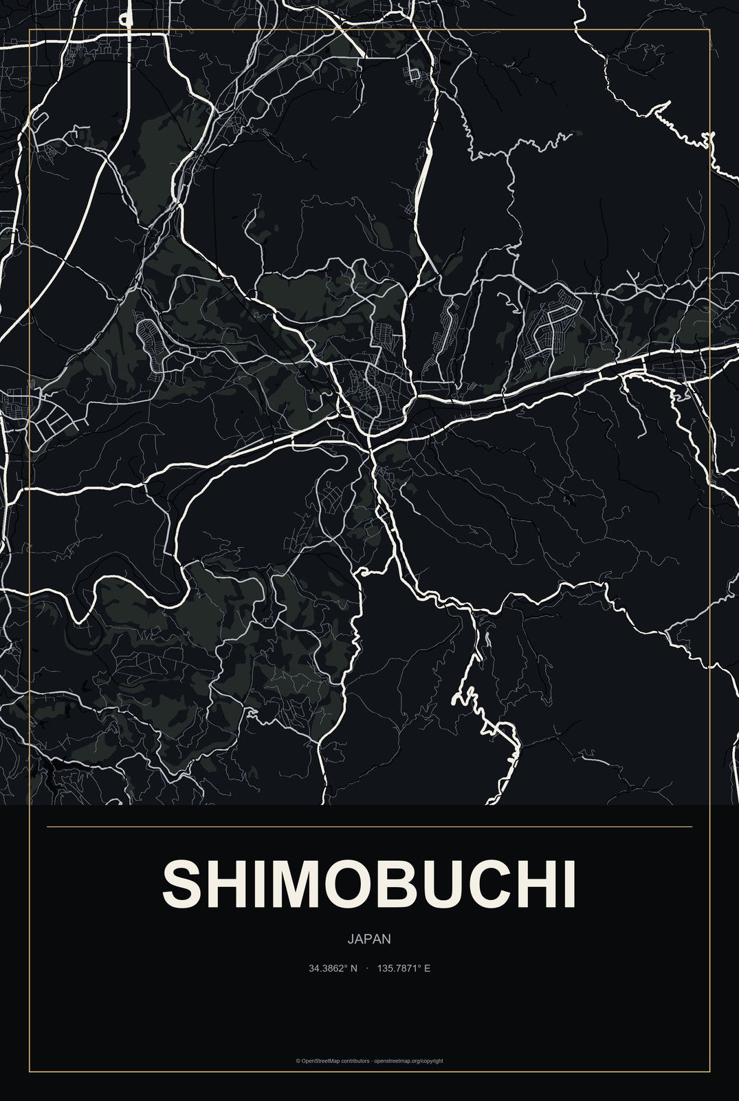 Shimobuchi, Japan City Map Aluminum Sign in Metropolitan Noir style