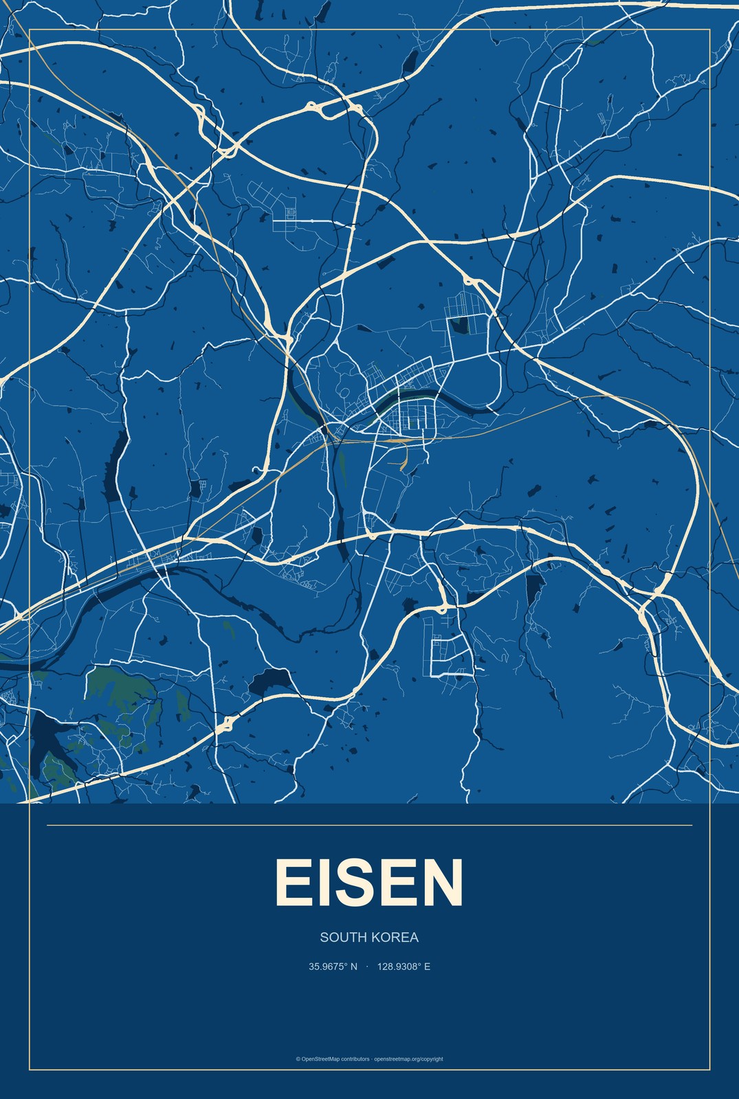 Eisen, South Korea City Map Aluminum Sign in Harbor Cobalt style