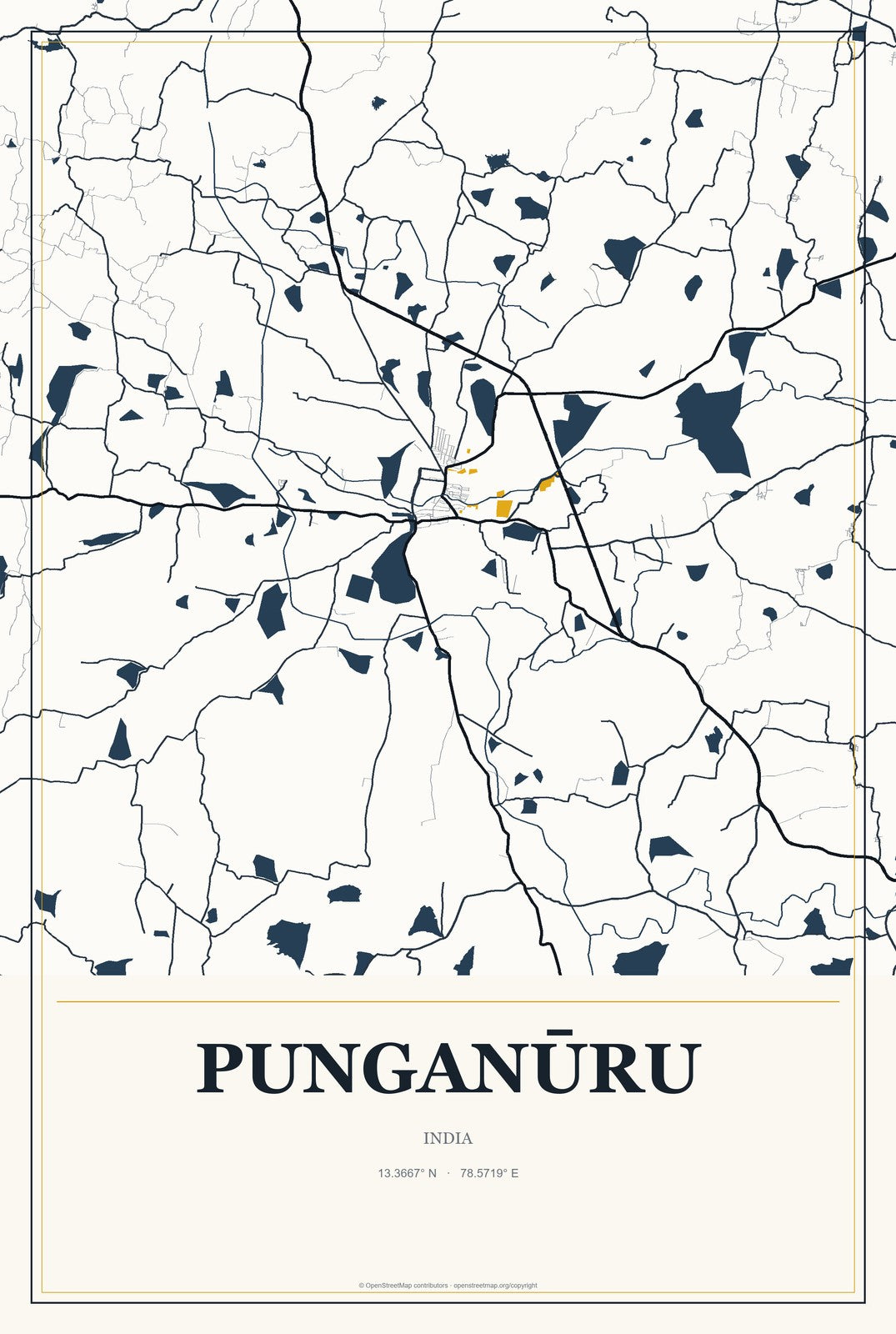 Punganūru, India City Map Aluminum Sign in Citrine Modern style