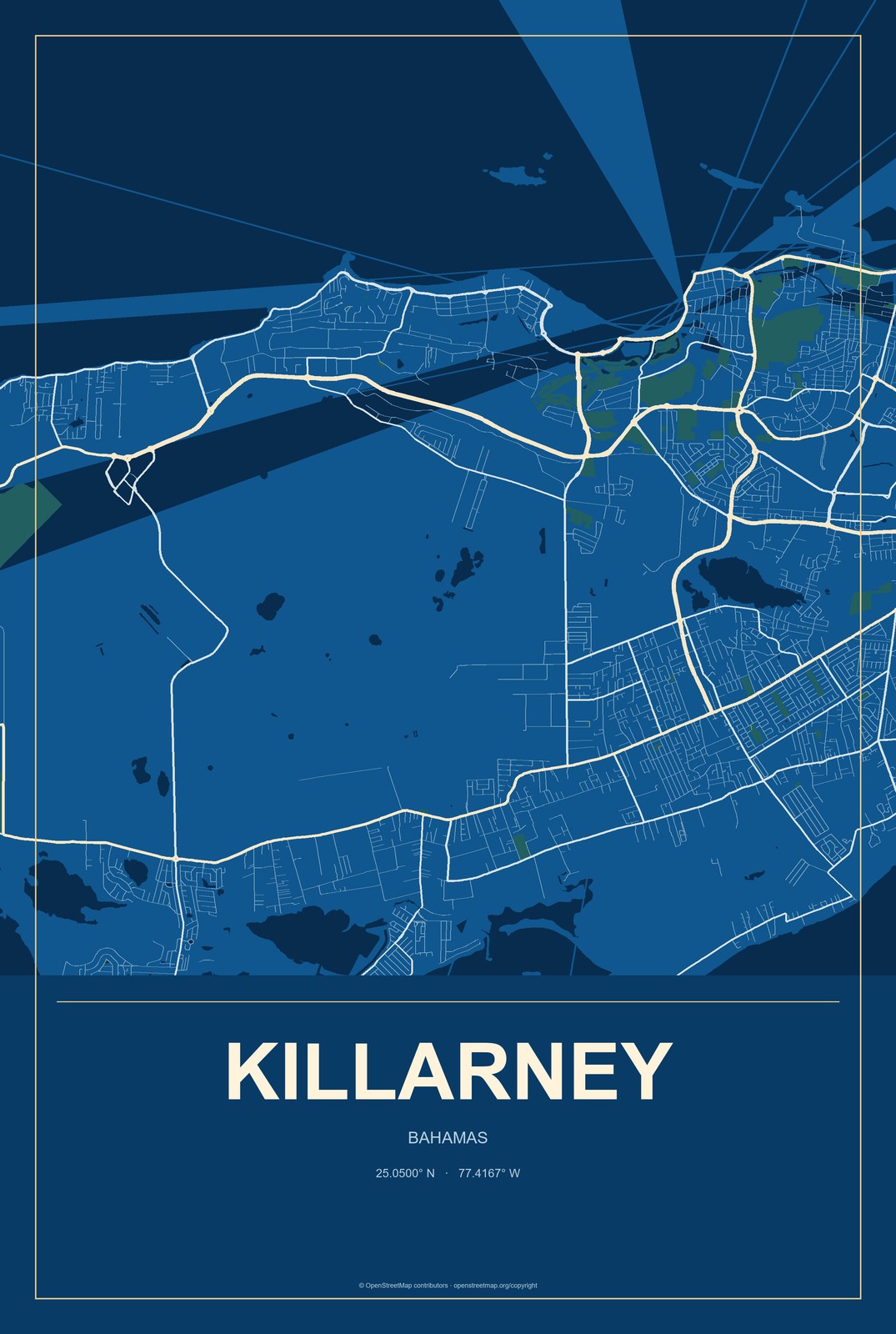 Killarney, Bahamas City Map Aluminum Sign in Harbor Cobalt style
