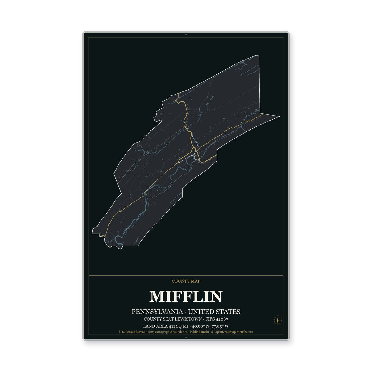 Mifflin County, Pennsylvania Map Aluminum Sign in Metropolitan Noir style