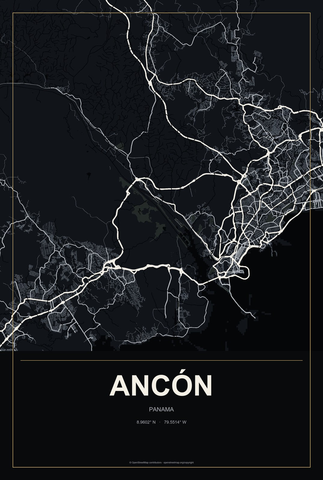 Ancón, Panama City Map Aluminum Sign in Metropolitan Noir style