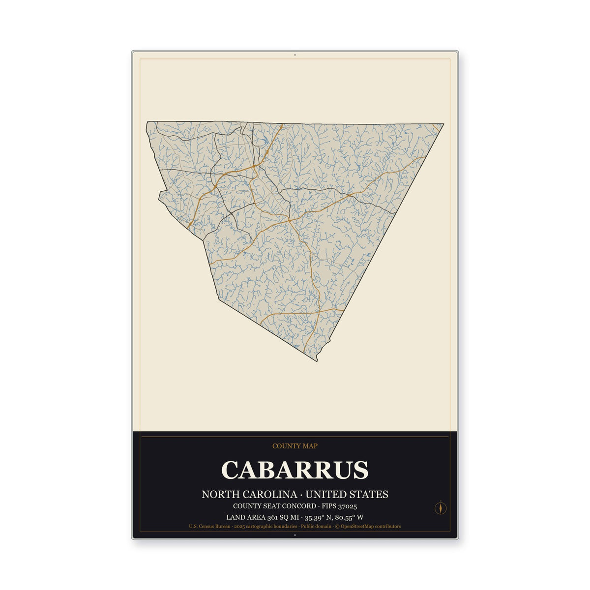 Cabarrus County, North Carolina Map Aluminum Sign in Museum Plaque style
