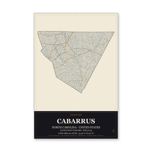 Cabarrus County, North Carolina Map Aluminum Sign in Museum Plaque style