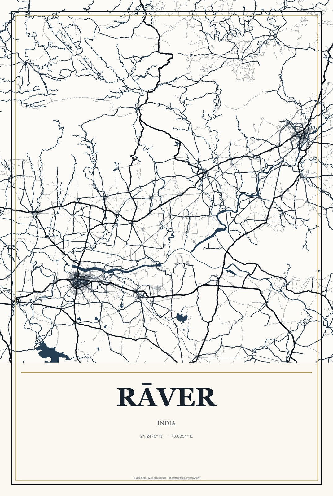 Rāver, India City Map Aluminum Sign in Citrine Modern style