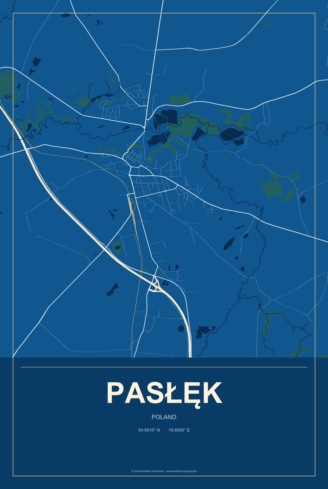 Pasłęk, Poland City Map Aluminum Sign in Harbor Cobalt style