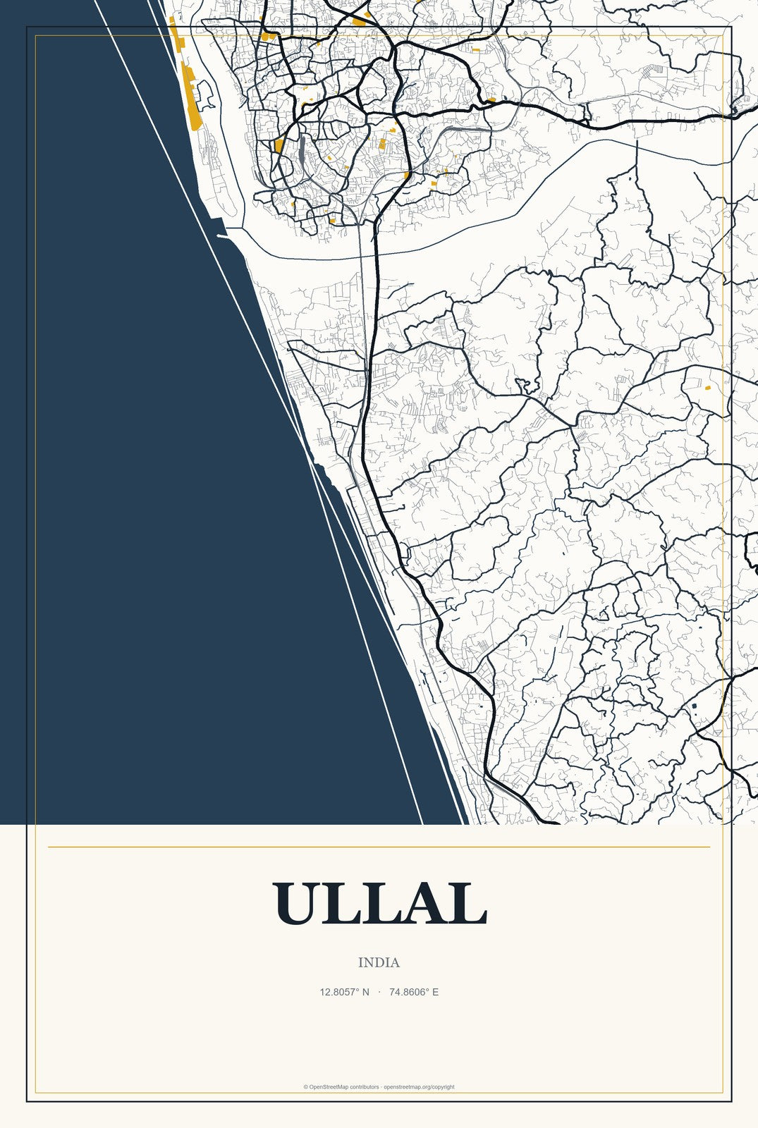 Ullal, India City Map Aluminum Sign in Citrine Modern style