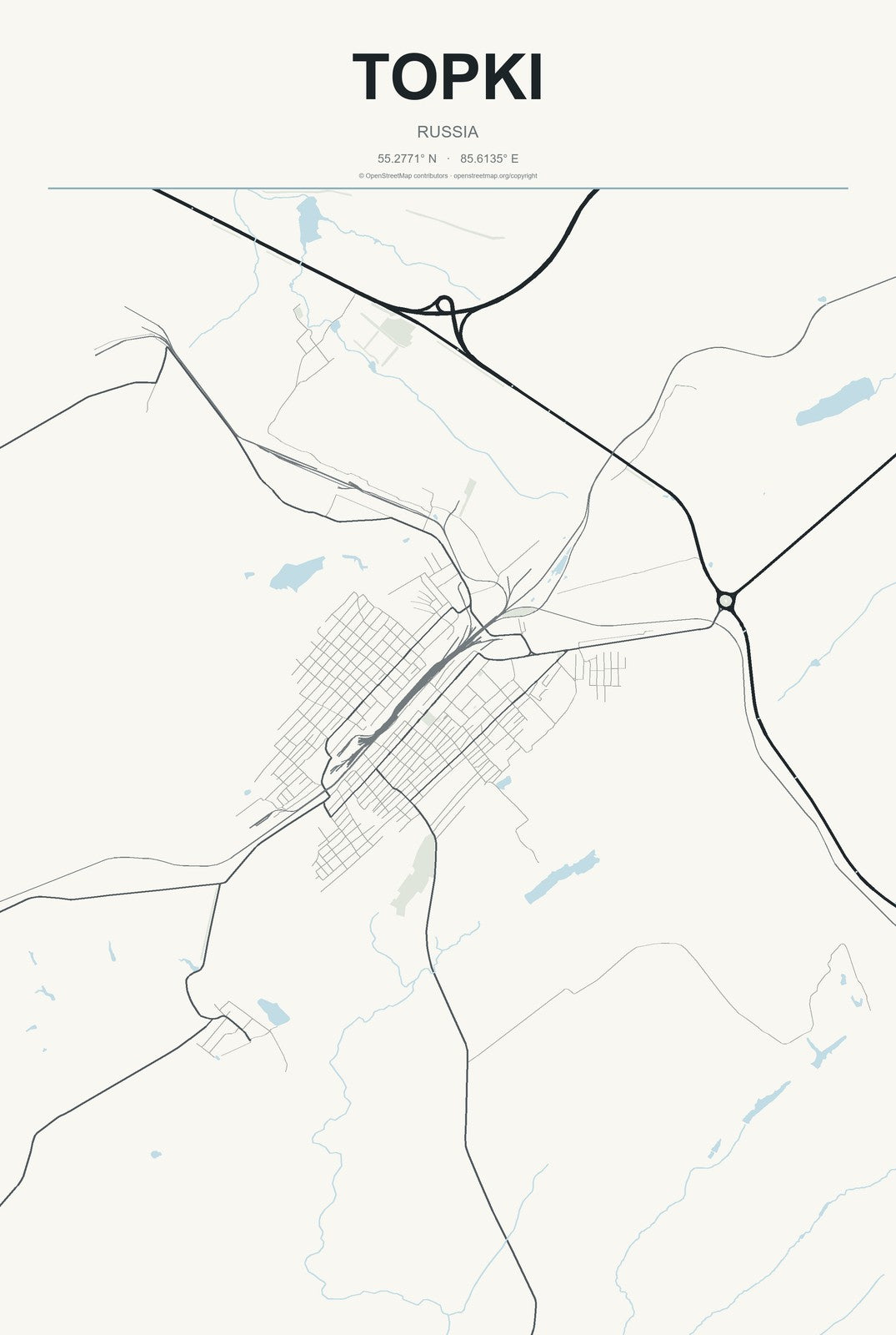 Topki, Russia City Map Aluminum Sign in Headline Atlas style