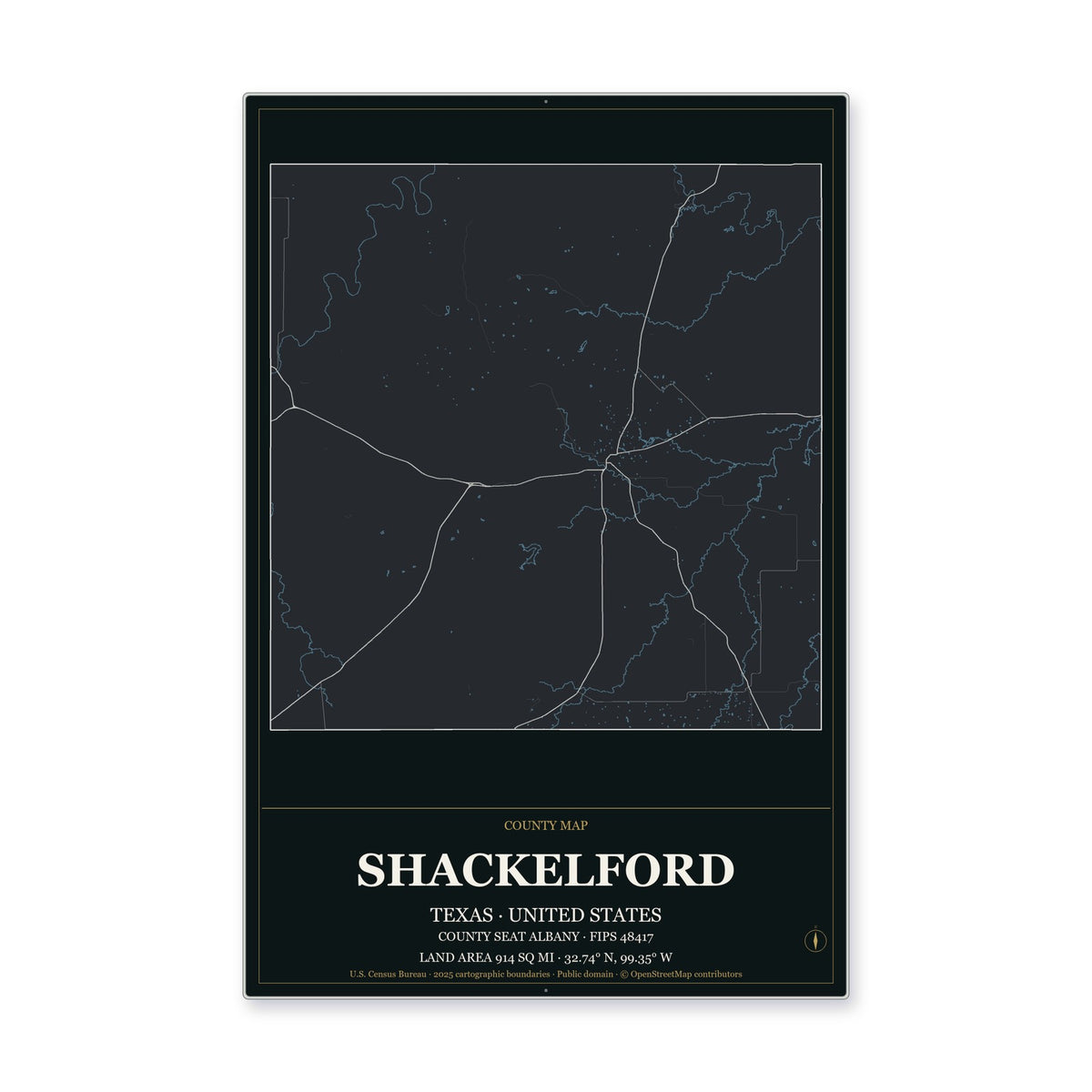 Shackelford County, Texas Map Aluminum Sign in Metropolitan Noir style